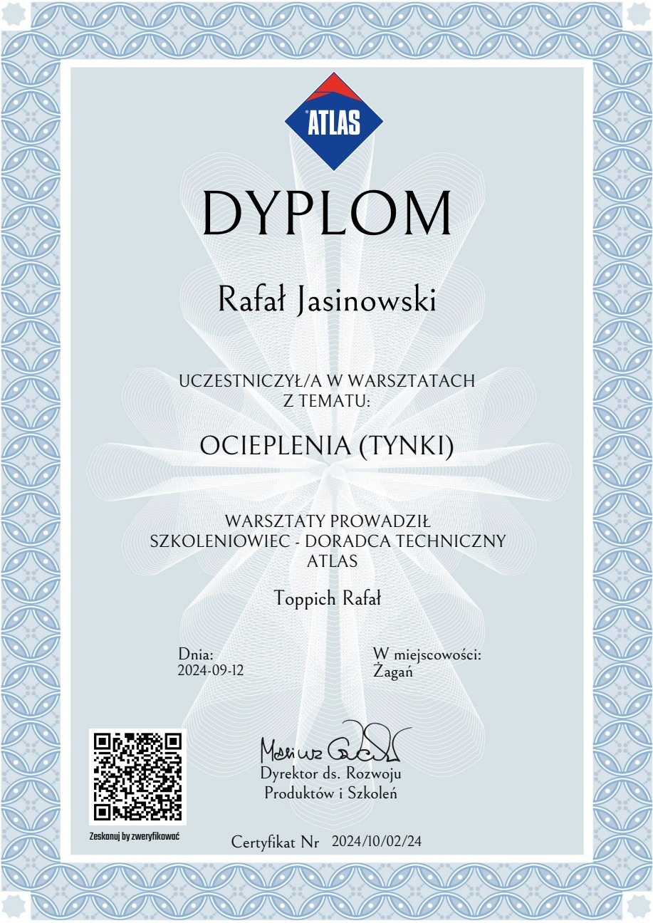 Dyplom Atlas dla Rafała Jasinowskiego za udział w warsztatach z ocieplenia (tynki). Certyfikat nr 2024/10/02/24. Data: 2024-09-12, Żagań.