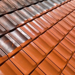 Częściowo wyczyszczony dach z czerwonej dachówki. Górna część dachu jest brudna, dolna czysta. Widoczna różnica w kolorze i czystości. Ujęcie z góry.