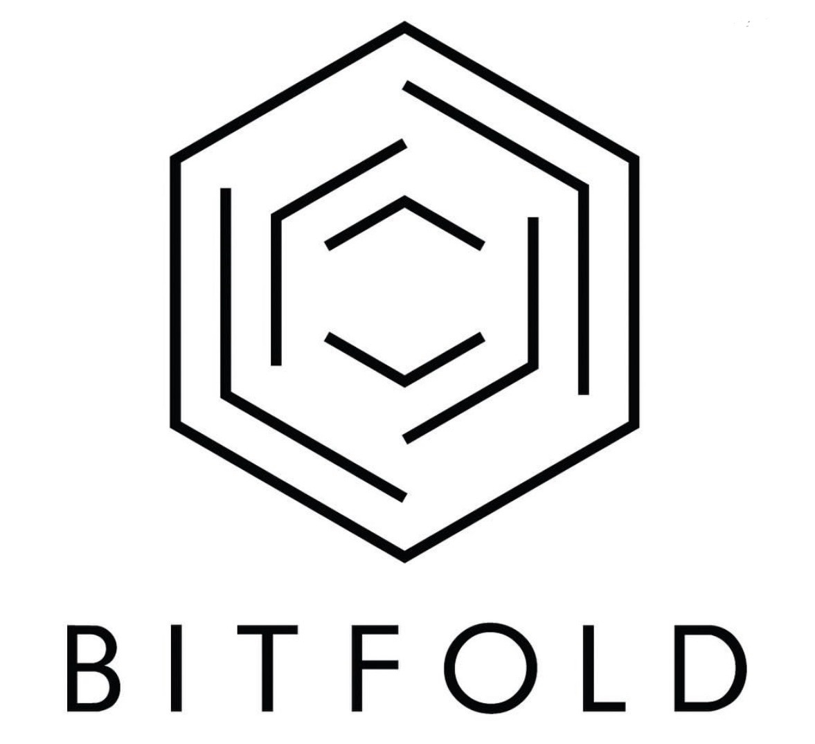 Minimalistyczne logo 'BITFOLD' z geometrycznym symbolem sześciokąta z wewnętrznymi liniami, czarne na białym tle, nowoczesny design.