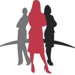 MM PRO SPÓŁKA Z OGRANICZONĄ ODPOWIEDZIALNOŚCIĄ - Grafika przedstawia trzy sylwetki kobiet w biznesowych strojach, z których środkowa jest czerwona, a pozostałe szare i czarne, na białym tle z szarym elementem graficznym.