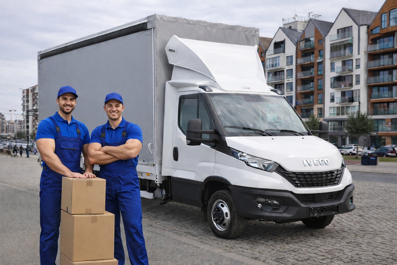 Uśmiechnięci pracownicy w niebieskich kombinezonach pozują z kartonami na tle białej ciężarówki Iveco i nowoczesnych budynków. Profesjonalny zespół przeprowadzkowy.