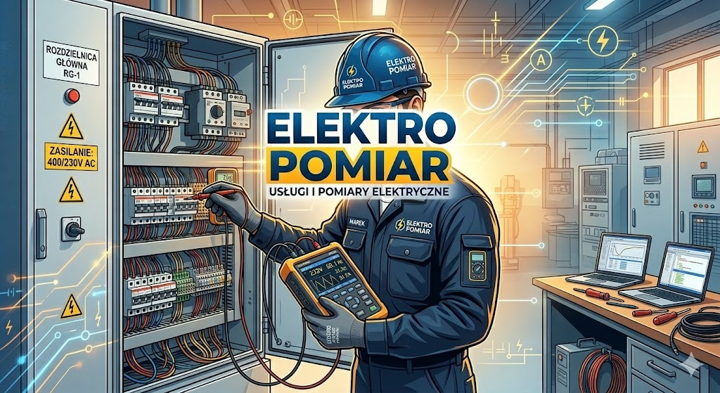 Elektryk w hełmie mierzy parametry w rozdzielnicy RG-1. Widoczne kable, bezpieczniki i miernik. W tle biurko z laptopami i schematy elektryczne.