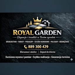 Jakub Dogriev-Grabski - Logo firmy Royal Garden na tle tekstury kamienia. Oferta brukarska: tarasy, podjazdy, ścieżki ogrodowe, palisady, krawężniki. Darmowa wycena i pomiar w Warszawie.