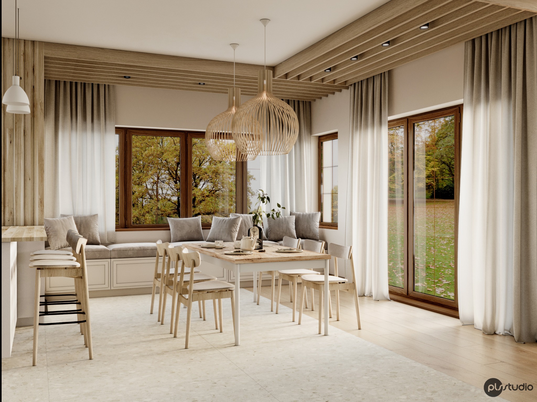 Jasna jadalnia z drewnianymi akcentami: stół, krzesła, lampy wiszące. Okno z widokiem na jesienny ogród. Minimalistyczny design, ciepłe oświetlenie.