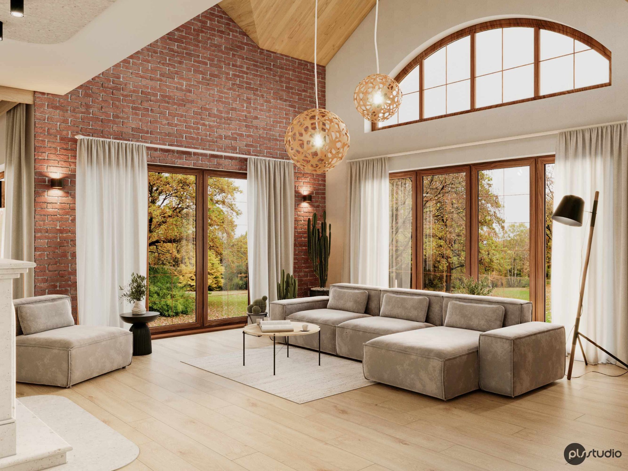 Jasne wnętrze salonu z ceglaną ścianą, drewnianymi oknami i designerskimi lampami. Widok na jesienny ogród przez okna. Minimalistyczny wystrój z sofą modułową.