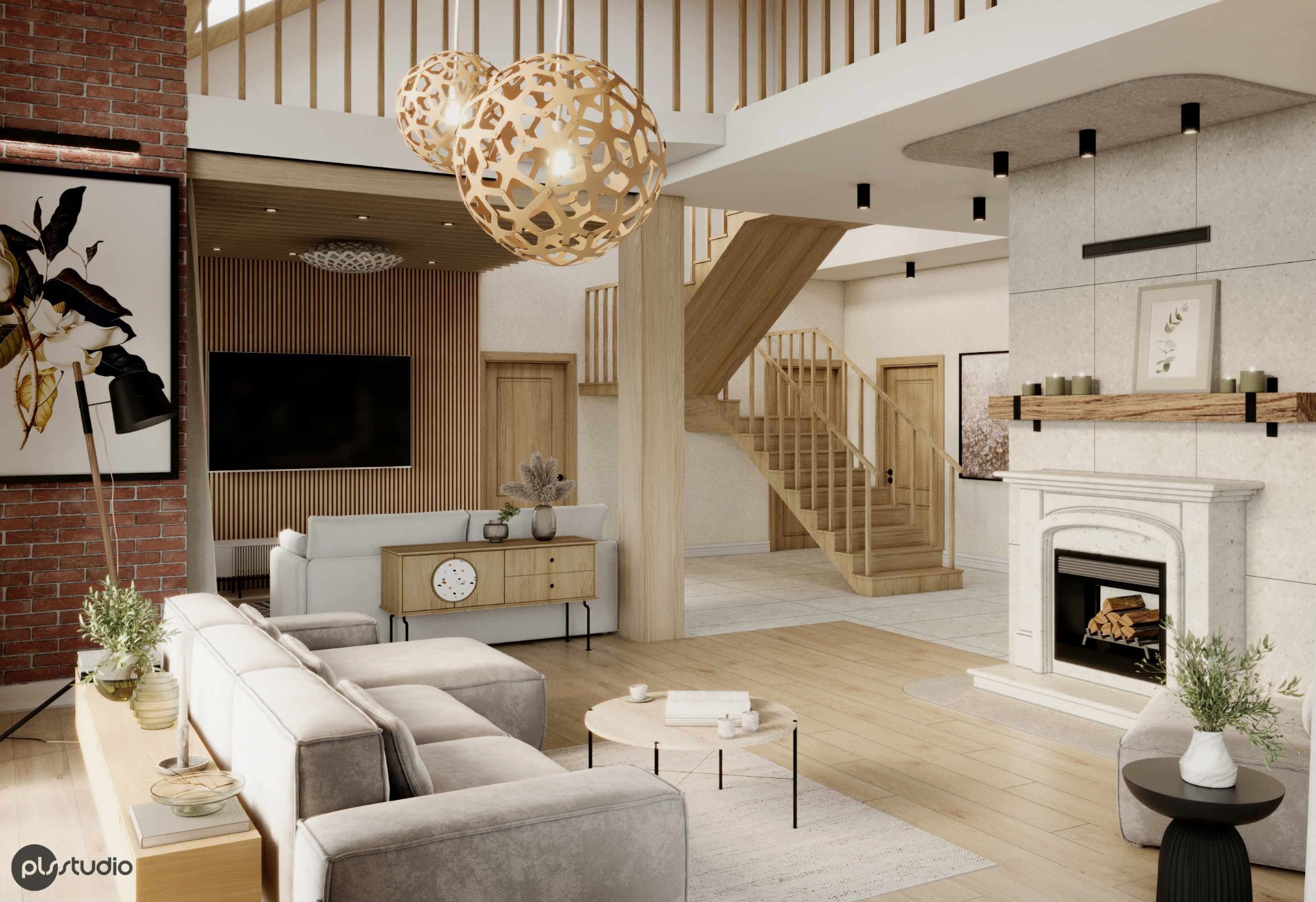 Jasne, przestronne wnętrze domu w Tczewie. Dwupoziomowy salon z kominkiem, drewnianymi schodami i ażurowymi lampami. Nowoczesny design z elementami cegły i drewna.