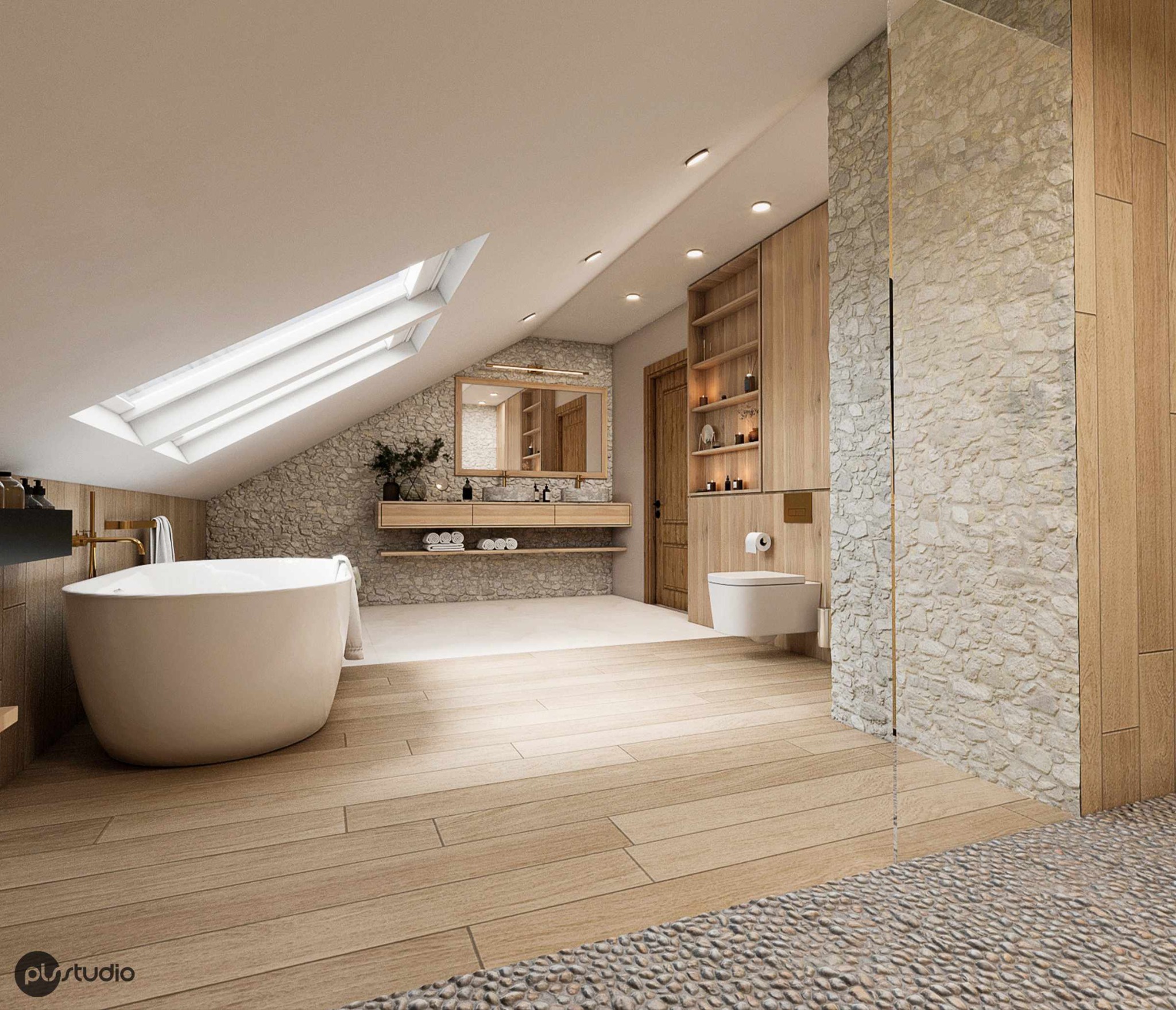 Stylowa łazienka na poddaszu z kamienną ścianą, drewnianą podłogą i wolnostojącą wanną. Okno dachowe doświetla wnętrze. Widoczne drewniane szafki i toaleta.