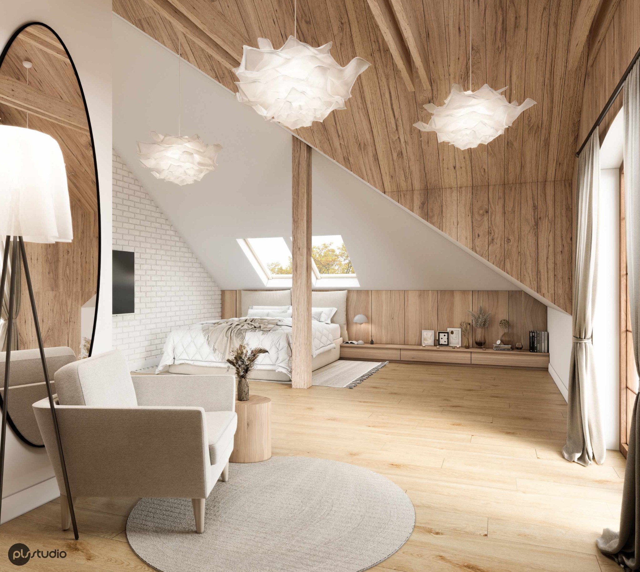 Jasne, przestronne poddasze z drewnianym wykończeniem, oświetlone lampami w kształcie kwiatów. Wnętrze uzupełnia fotel, okrągły dywan i duże lustro.