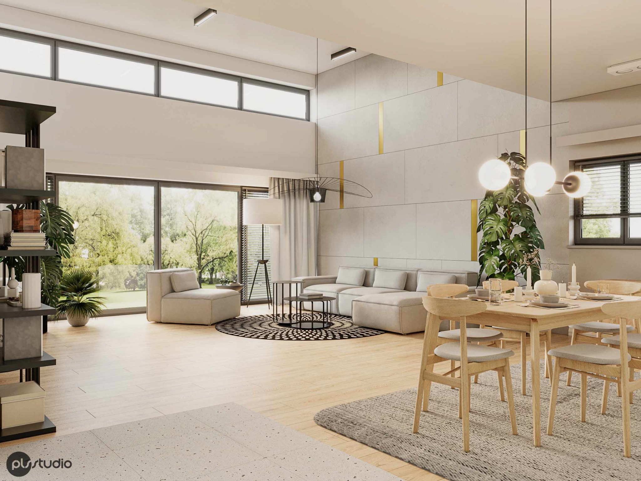 Jasne, przestronne wnętrze z dużym oknem, beżową sofą i drewnianym stołem jadalnym. Minimalistyczny design z akcentami złota na ścianie i roślinami doniczkowymi.
