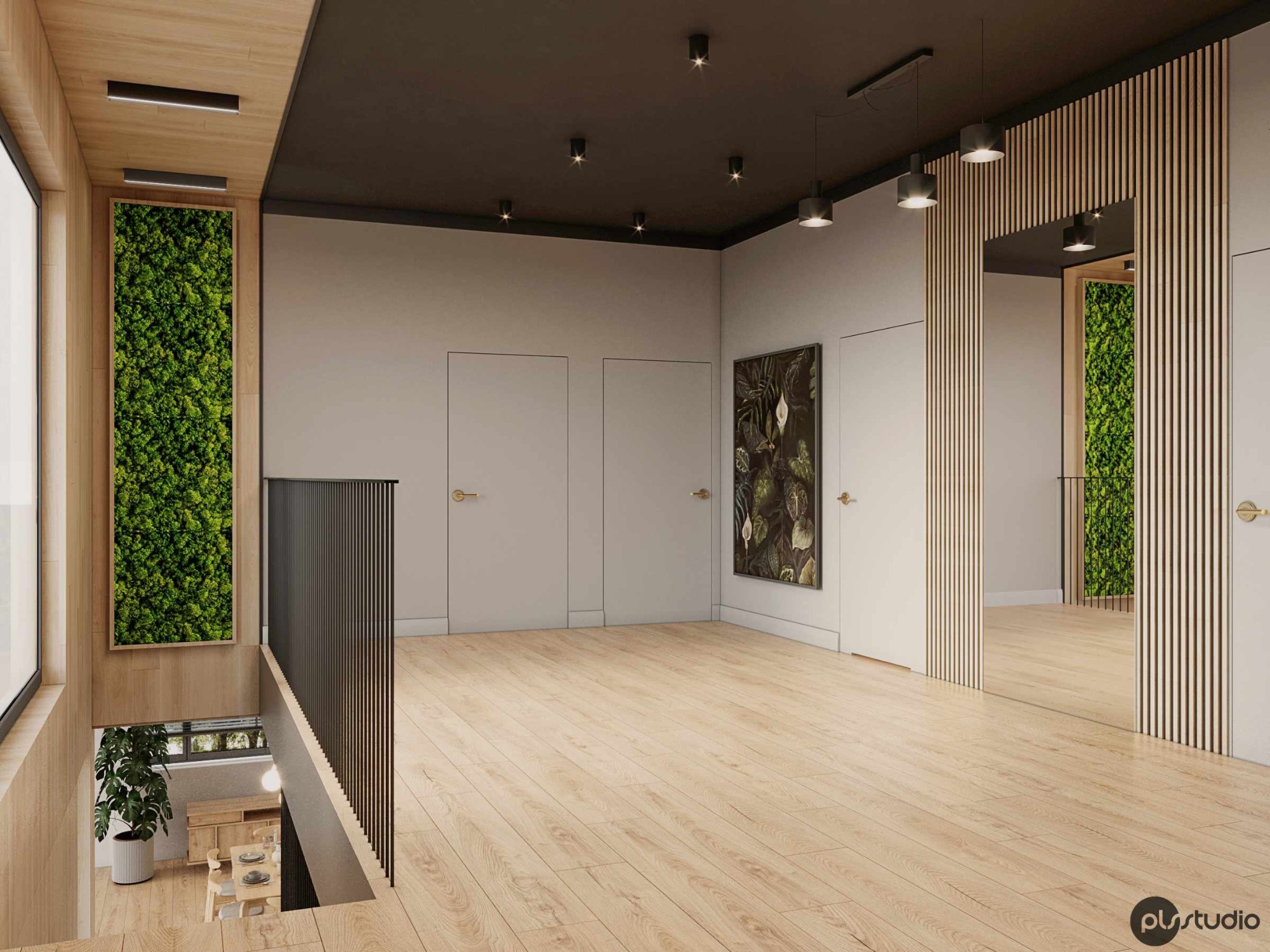Jasne wnętrze z drewnianą podłogą, panelem z mchu i lamelami. Widoczne drzwi, oświetlenie punktowe i roślina doniczkowa. Minimalistyczny design.