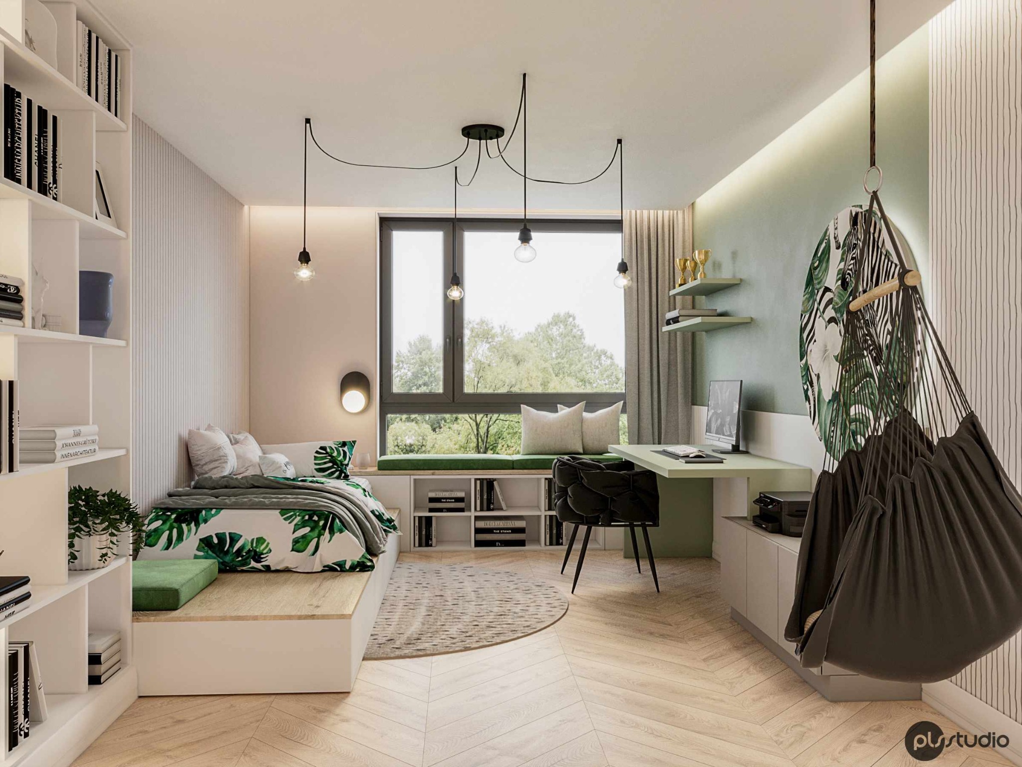 Wizualizacja pokoju młodzieżowego z łóżkiem na podeście, biurkiem, wiszącym fotelem i oknem z siedziskiem. Wnętrze w jasnych barwach z akcentami zieleni i motywem roślinnym.