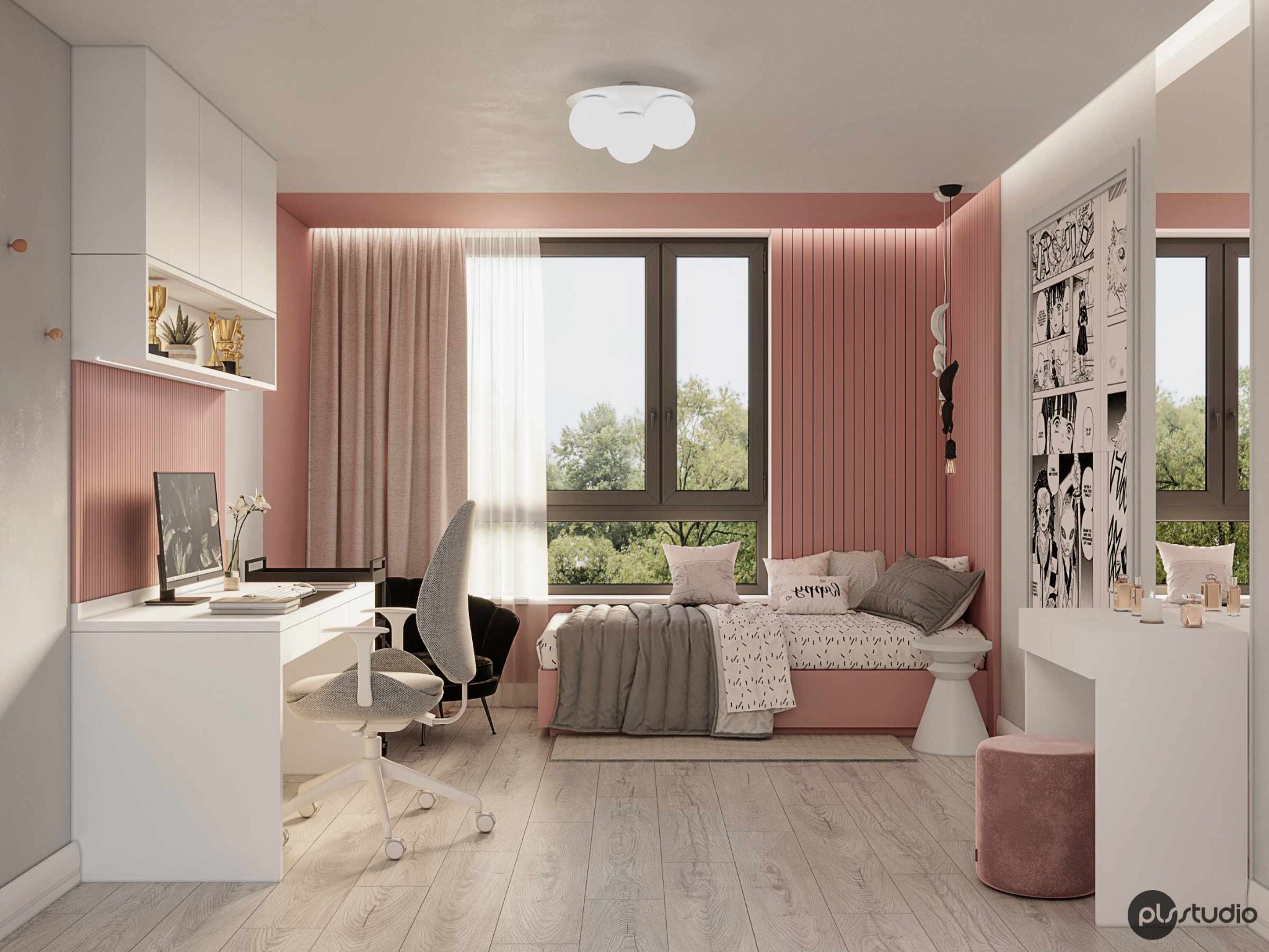 Pokój młodzieżowy w odcieniach różu z biurkiem, łóżkiem przy oknie i toaletką. Na ścianie manga. Nowoczesne oświetlenie i drewniana podłoga.