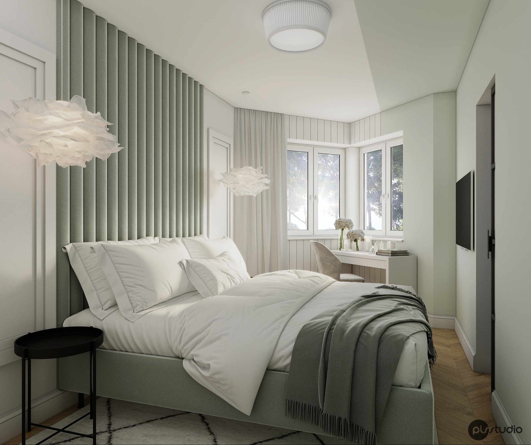 Jasna sypialnia z łóżkiem, szarą ścianą z panelami i oknem wykuszowym. Minimalistyczny stolik nocny i designerska lampa dodają elegancji. Przytulne wnętrze.