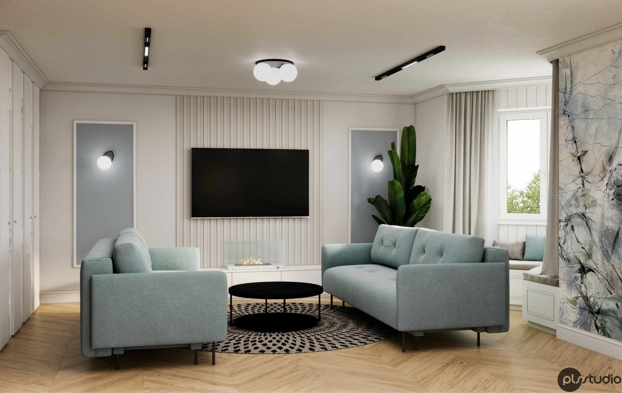 Stylowy salon z turkusowymi sofami, okrągłym czarnym stolikiem kawowym i drewnianą podłogą w jodełkę. Ściana z telewizorem i kominkiem, roślina doniczkowa. Nowoczesne oświetlenie.