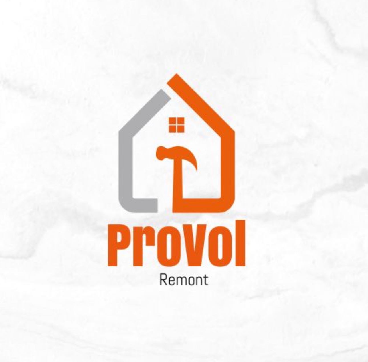 Logo firmy remontowej Provol: pomarańczowy młotek w obrysie domu z szarą połówką, na białym tle z subtelnym marmurkowym wzorem.