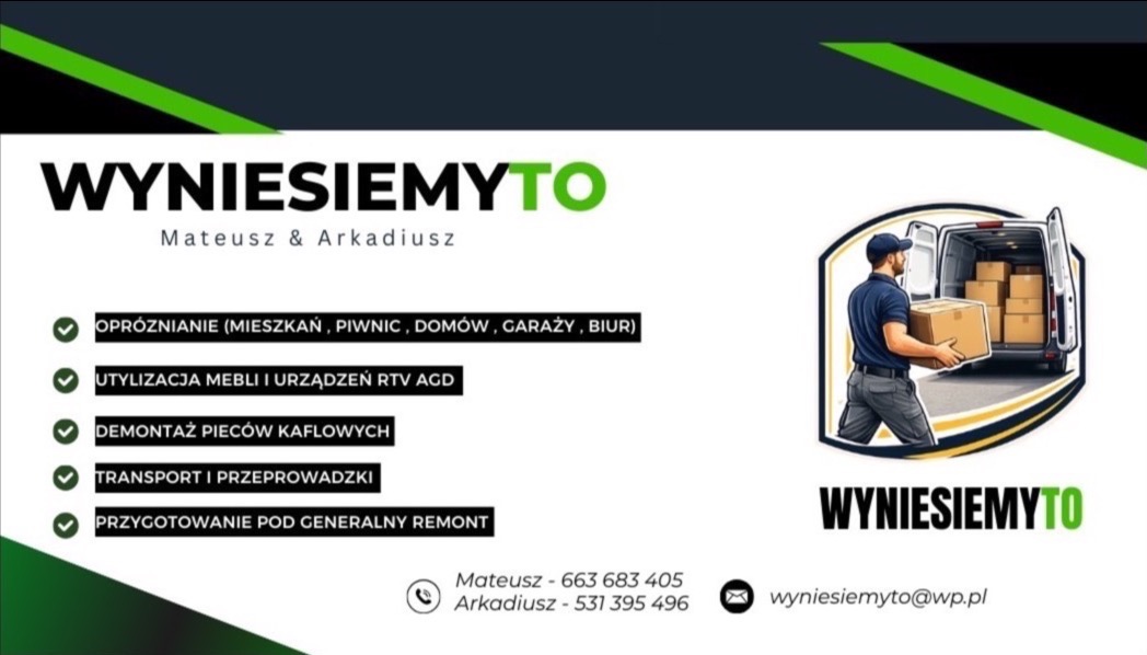 Grafika reklamowa: Opróżnianie mieszkań, utylizacja mebli, demontaż pieców, transport i przeprowadzki, przygotowanie pod remont. Mężczyzna z paczką przy busie.