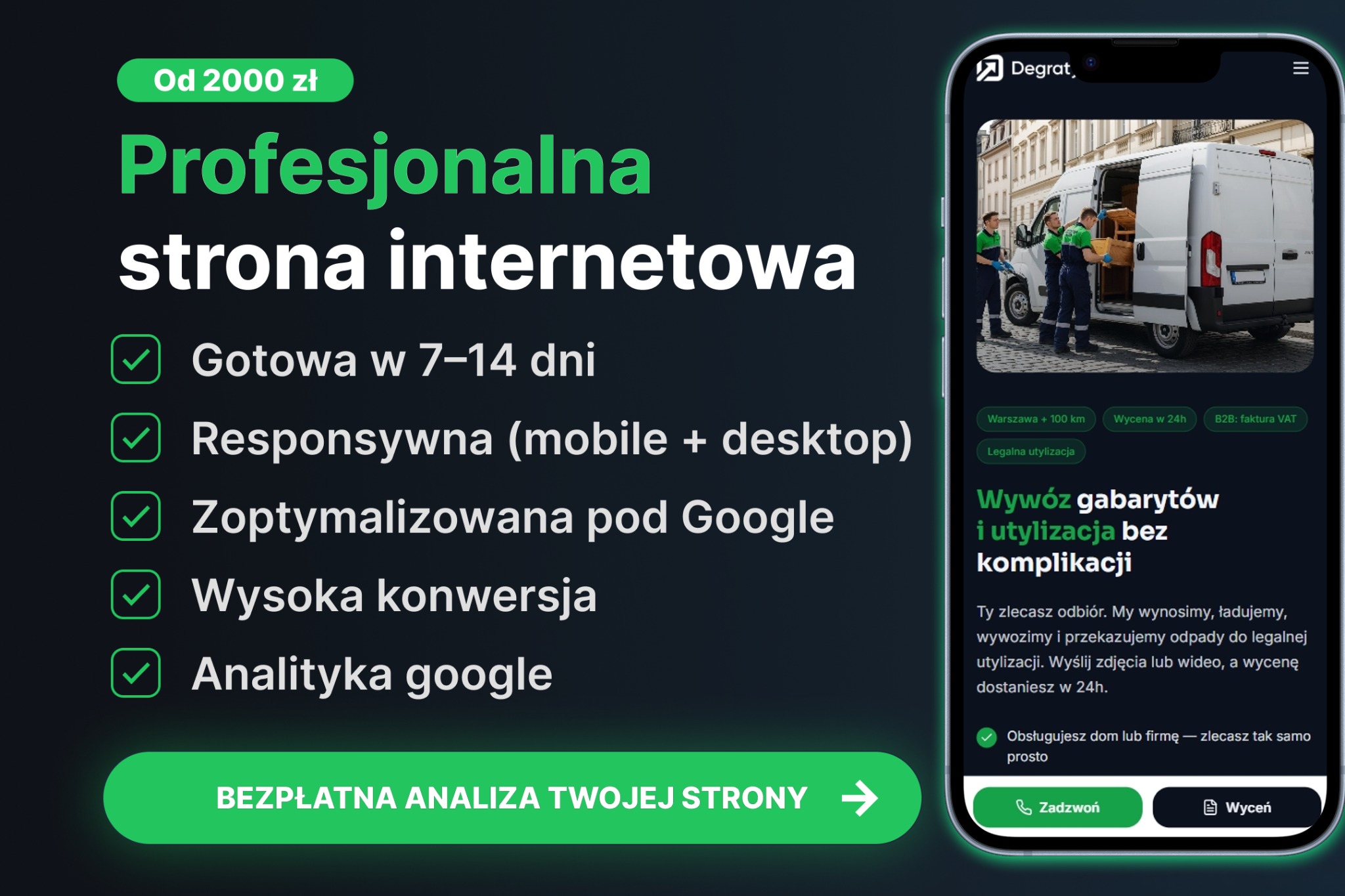Profesjonalna strona internetowa od 2000 zł. Responsywna, zoptymalizowana pod Google, wysoka konwersja. Darmowa analiza strony w Warszawie.