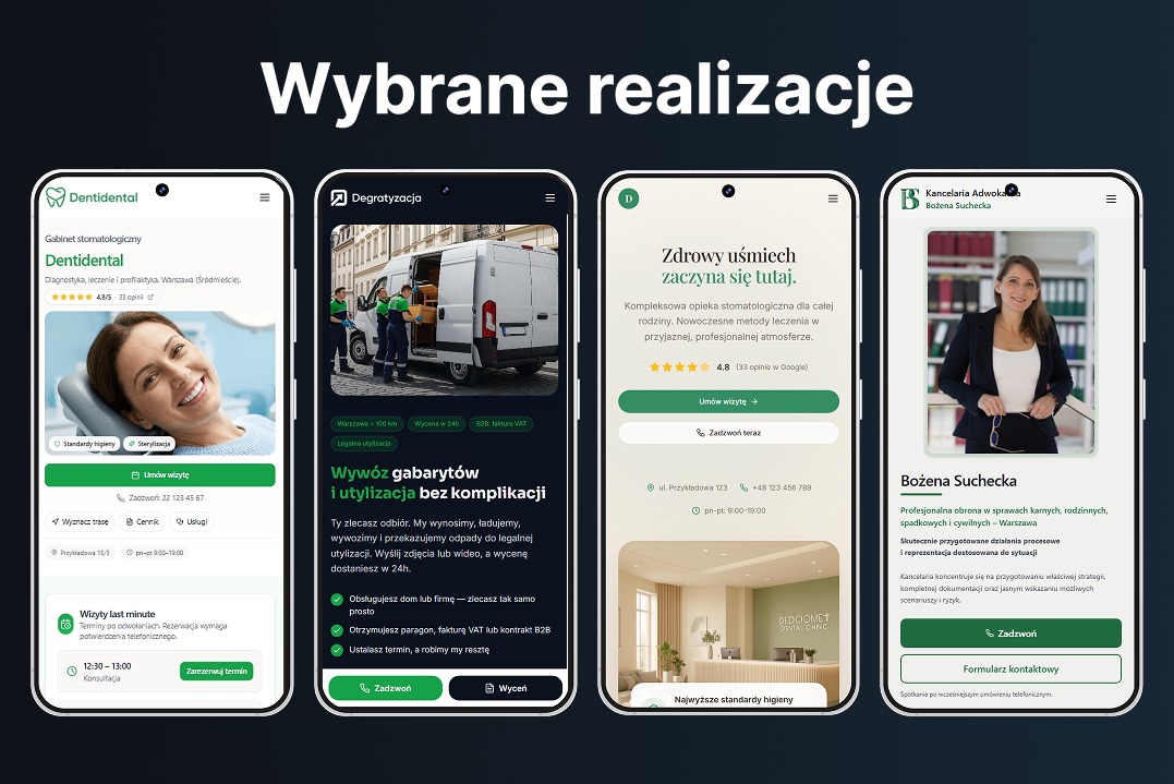 Prezentacja mobilnych stron ofertowych: gabinet stomatologiczny, wywóz gabarytów, stomatologia, kancelaria adwokacka. Minimalistyczny design, czytelny układ, nowoczesne grafiki.