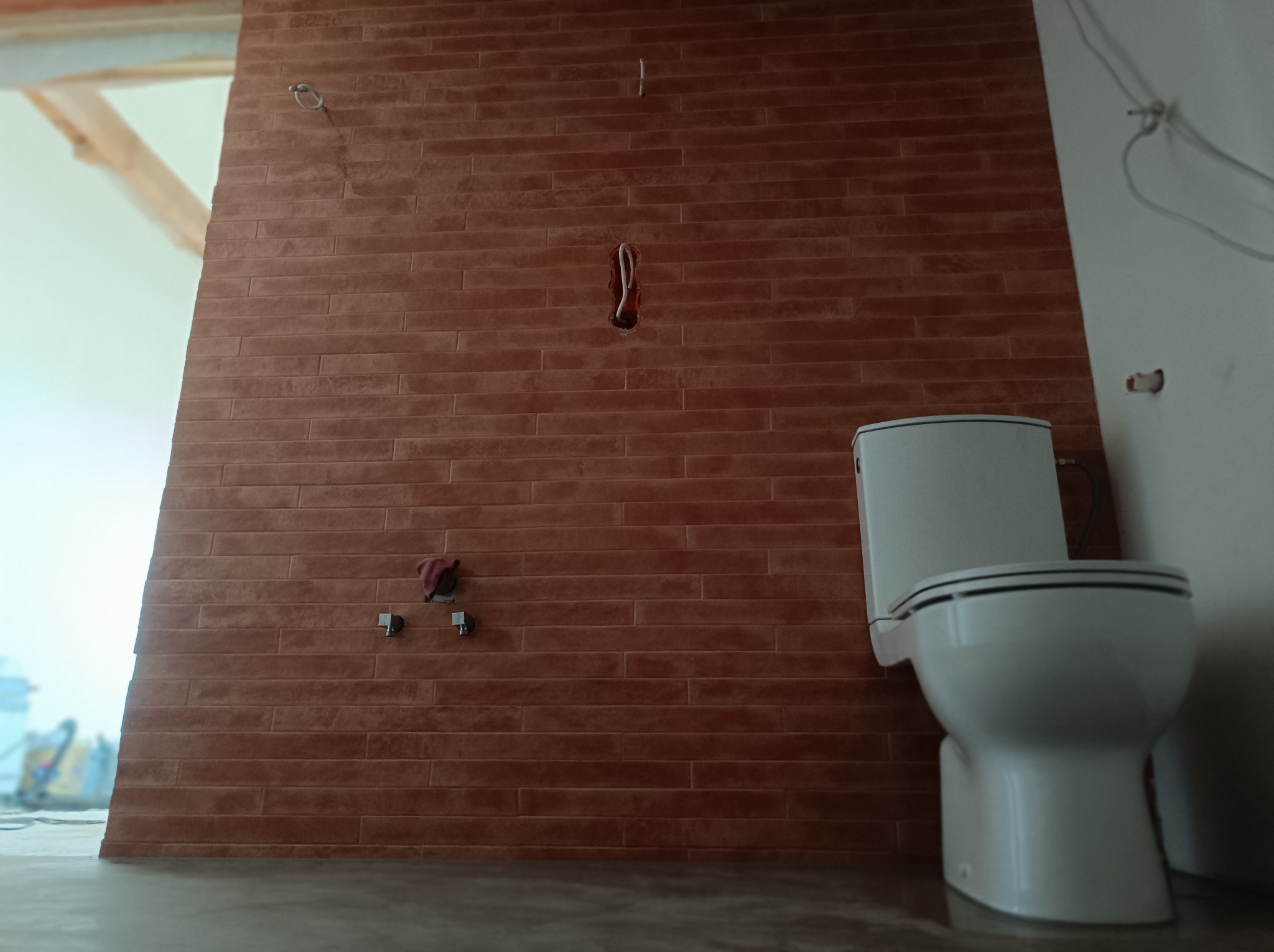 Ceglana ściana w łazience z zamontowaną toaletą. Widoczne wyprowadzenia instalacji wodnej i elektrycznej. Surowy stan, w tle elementy konstrukcji budynku.