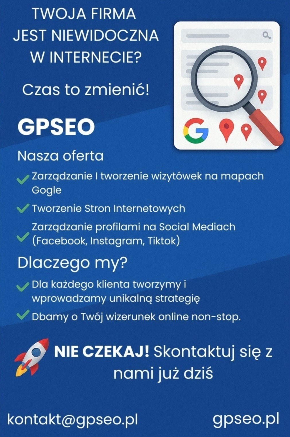 Grafika reklamowa GPSEO: lupa nad mapą Google, oferta zarządzania wizytówkami, stronami i social mediami. Niebieskie tło, białe teksty, rakieta.