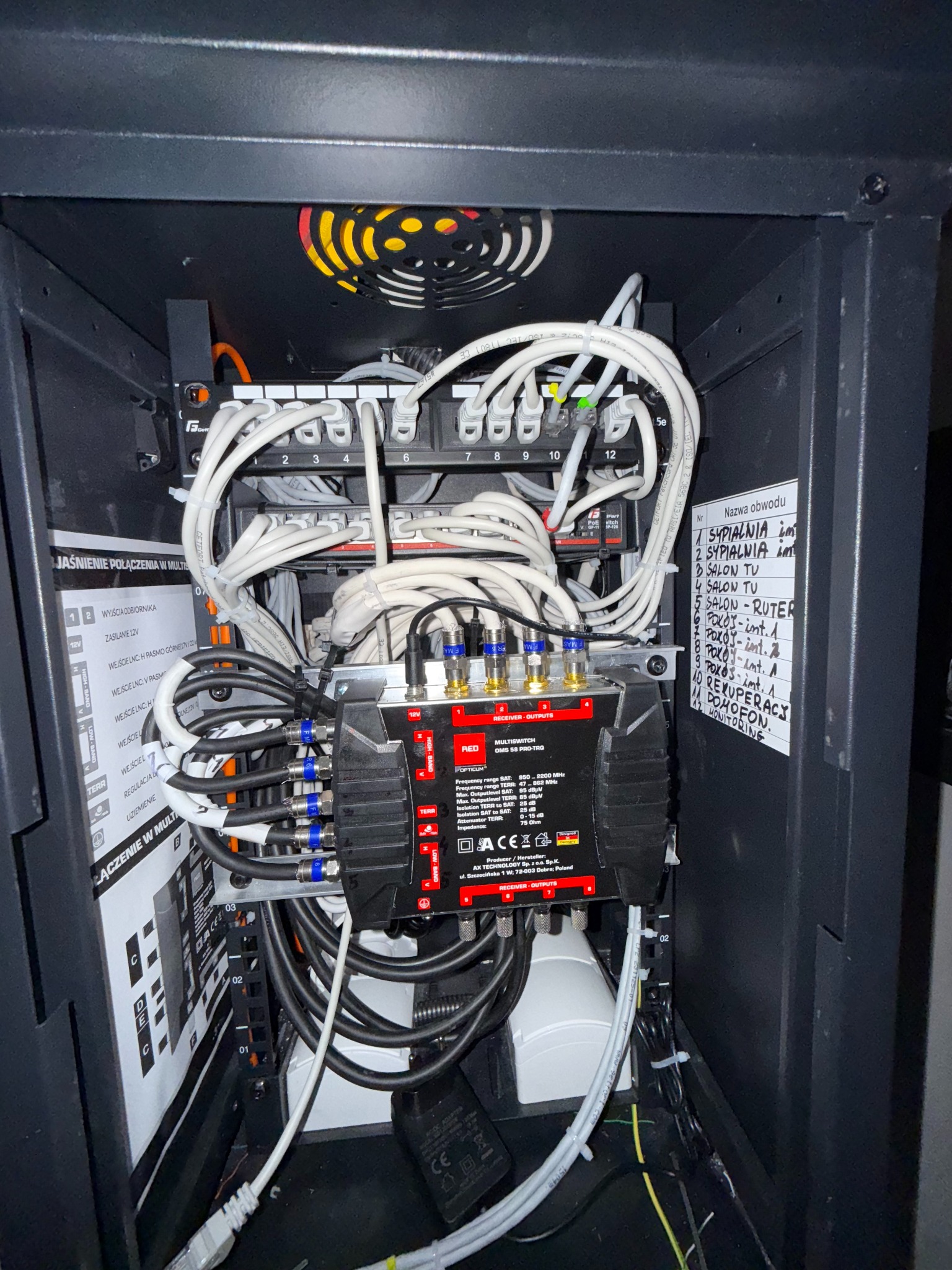 Szafa rack z multiswitchem Opticum, patch panelem Getfort i okablowaniem. Widoczna lista obwodów: domofon, monitoring, rekuperacja, pokoje, salon, sypialnia.