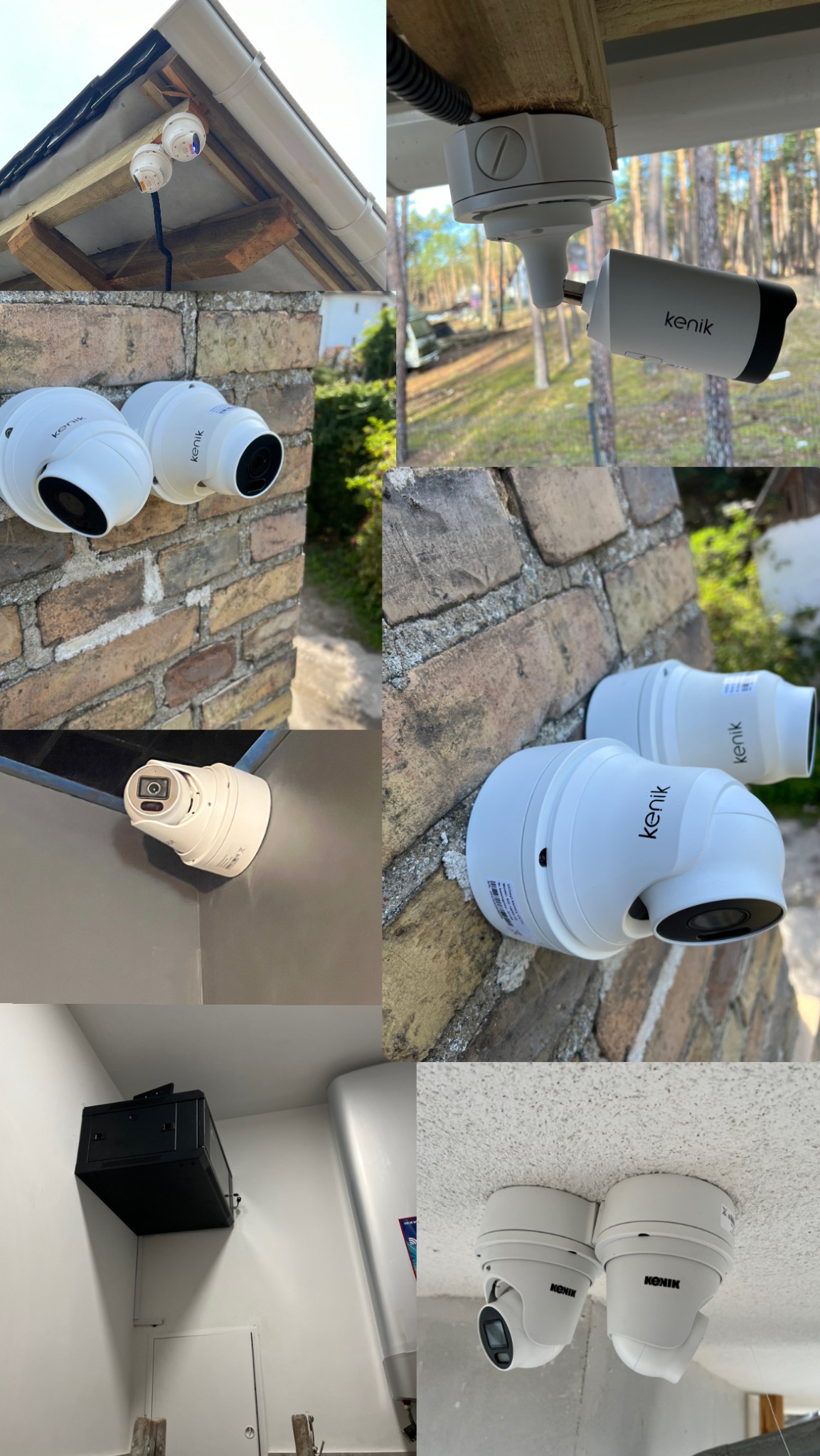 Zestawienie różnych ujęć zamontowanych kamer monitoringu marki Kenik, umieszczonych na elewacjach budynków i wewnątrz pomieszczeń, prezentujących różnorodność instalacji.