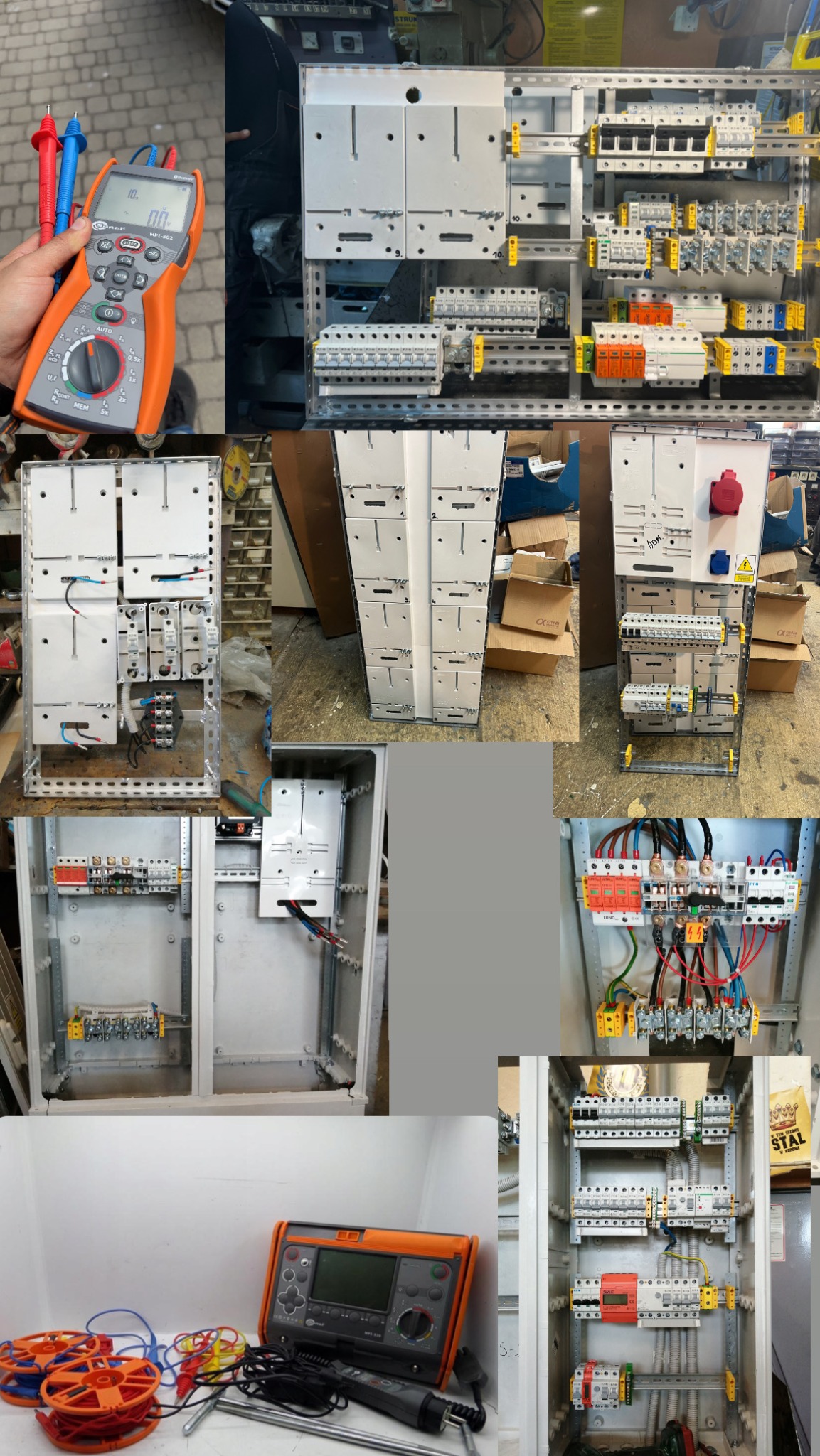 Rozdzielnica elektryczna w trakcie montażu w Janczewie. Widoczne elementy instalacji, kable i miernik elektryczny. Prace instalacyjne w toku.