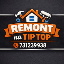 Remont na Tip top - Grafika z napisem 'Remont na TIP TOP' i numerem telefonu, stylizowana na logo firmy remontowej z ikonami narzędzi: młotek, wałek i klucz.