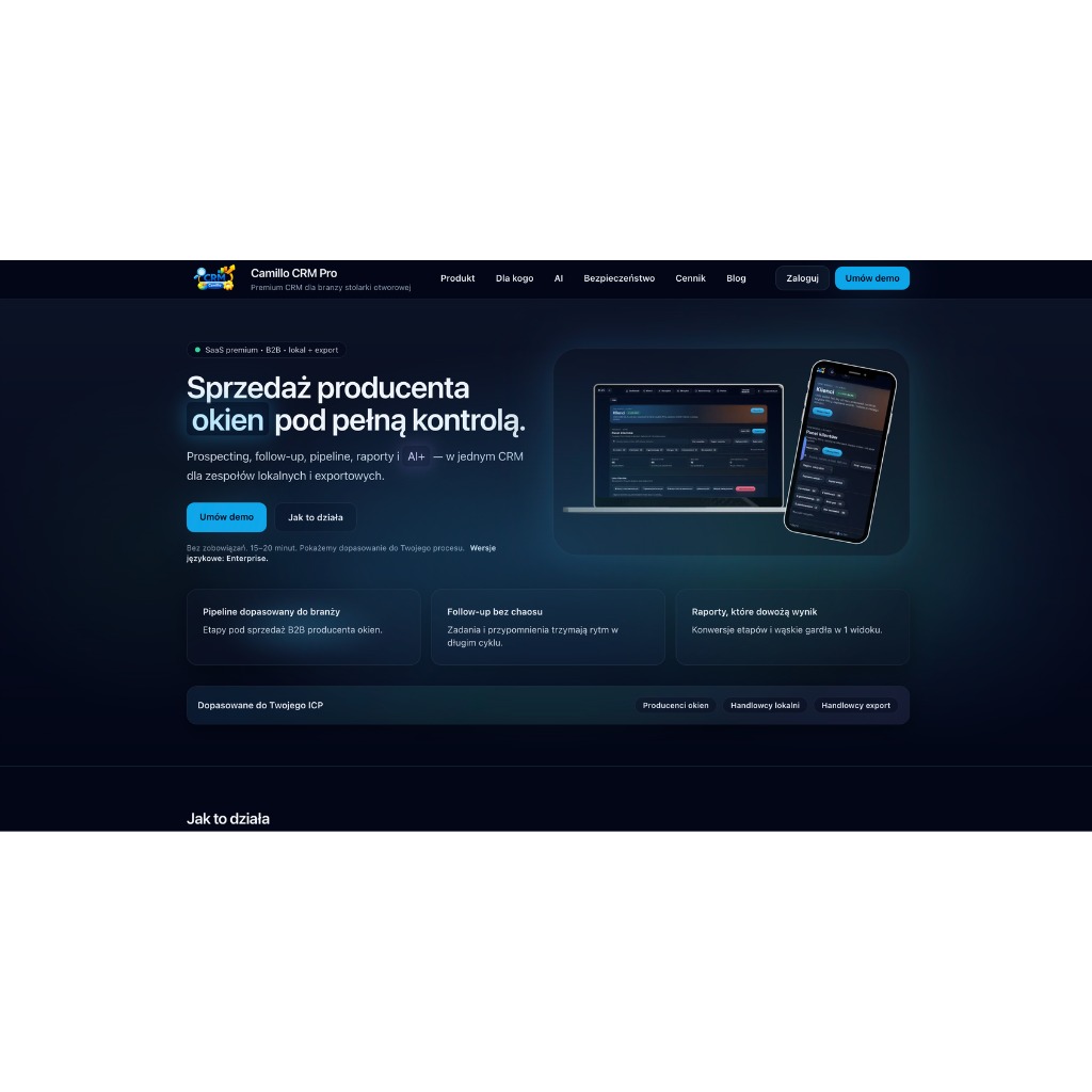 Strona internetowa CRM dla producentów okien, z hasłem 'Sprzedaż producenta okien pod pełną kontrolą'. Widoczne ekrany aplikacji na laptopie i smartfonie.