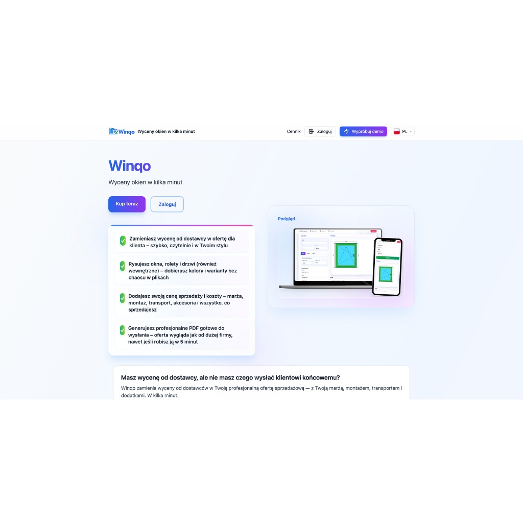 Interfejs aplikacji Winqo do wyceny okien na laptopie i smartfonie. Prezentacja funkcji: szybka wycena, rysowanie okien, dodawanie kosztów, generowanie PDF.