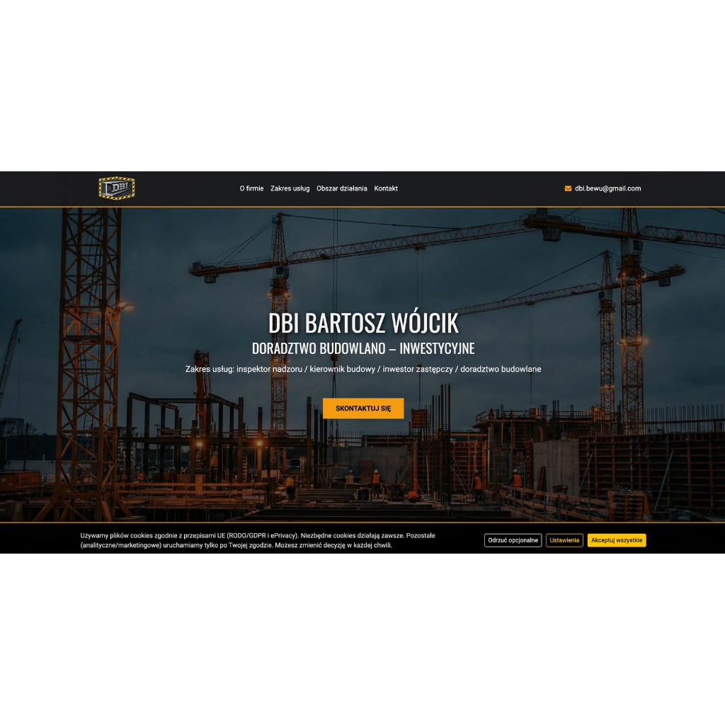 Strona internetowa firmy DBI Bartosz Wójcik z Namysłowa, doradztwo budowlano-inwestycyjne. Na banerze budowa w toku i żurawie.