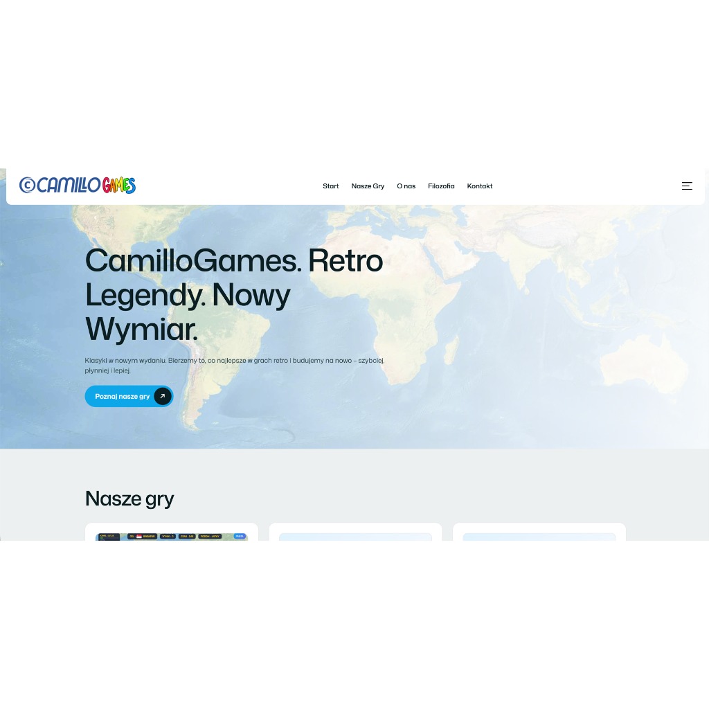 Strona internetowa CamilloGames z motywem retro i mapą świata w tle. Widoczne menu nawigacyjne i przycisk 'Poznaj nasze gry'. Minimalistyczny design.