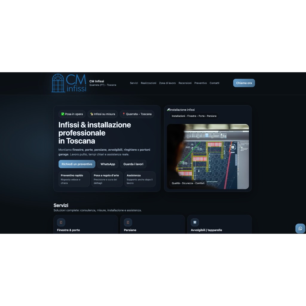 Strona internetowa firmy CM Infissi z Toskanii, oferującej profesjonalny montaż okien, drzwi, rolet i bram garażowych. Widoczny projekt instalacji okiennej w programie CAD.