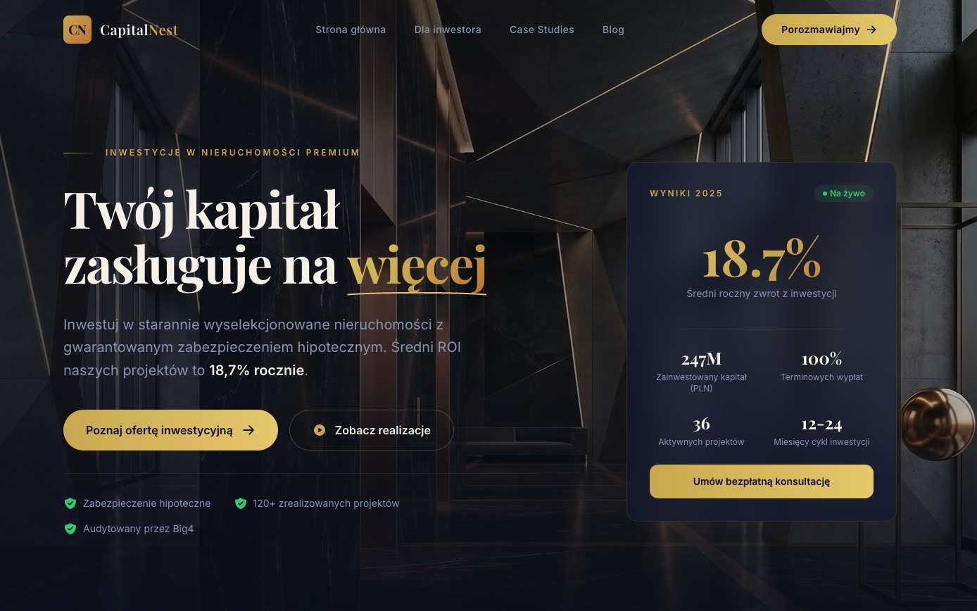 Nowoczesna strona internetowa CapitalNest z ciemnym tłem, prezentująca inwestycje w nieruchomości premium i wysoki średni roczny zwrot z inwestycji.