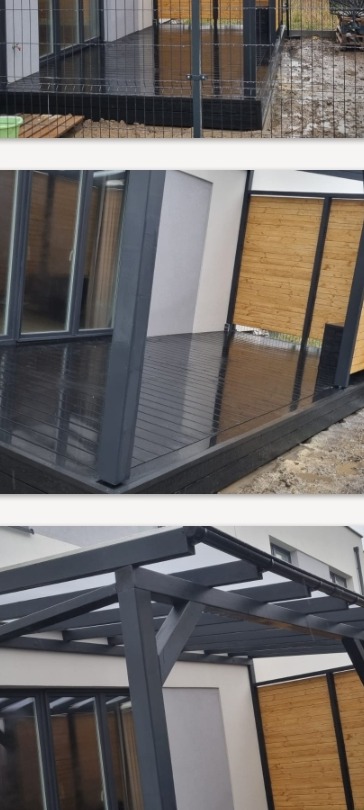 Nowoczesny taras kompozytowy z szarą pergolą, widok z różnych perspektyw. Deski tarasowe ułożone równolegle, z widoczną strukturą drewna. Elementy drewnianej zabudowy.