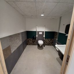 Allremont Kaźmierczak - Wykończona łazienka z toaletą dla niepełnosprawnych, umywalką i płytkami w odcieniach szarości i zieleni. Widok zza otwartych drzwi.