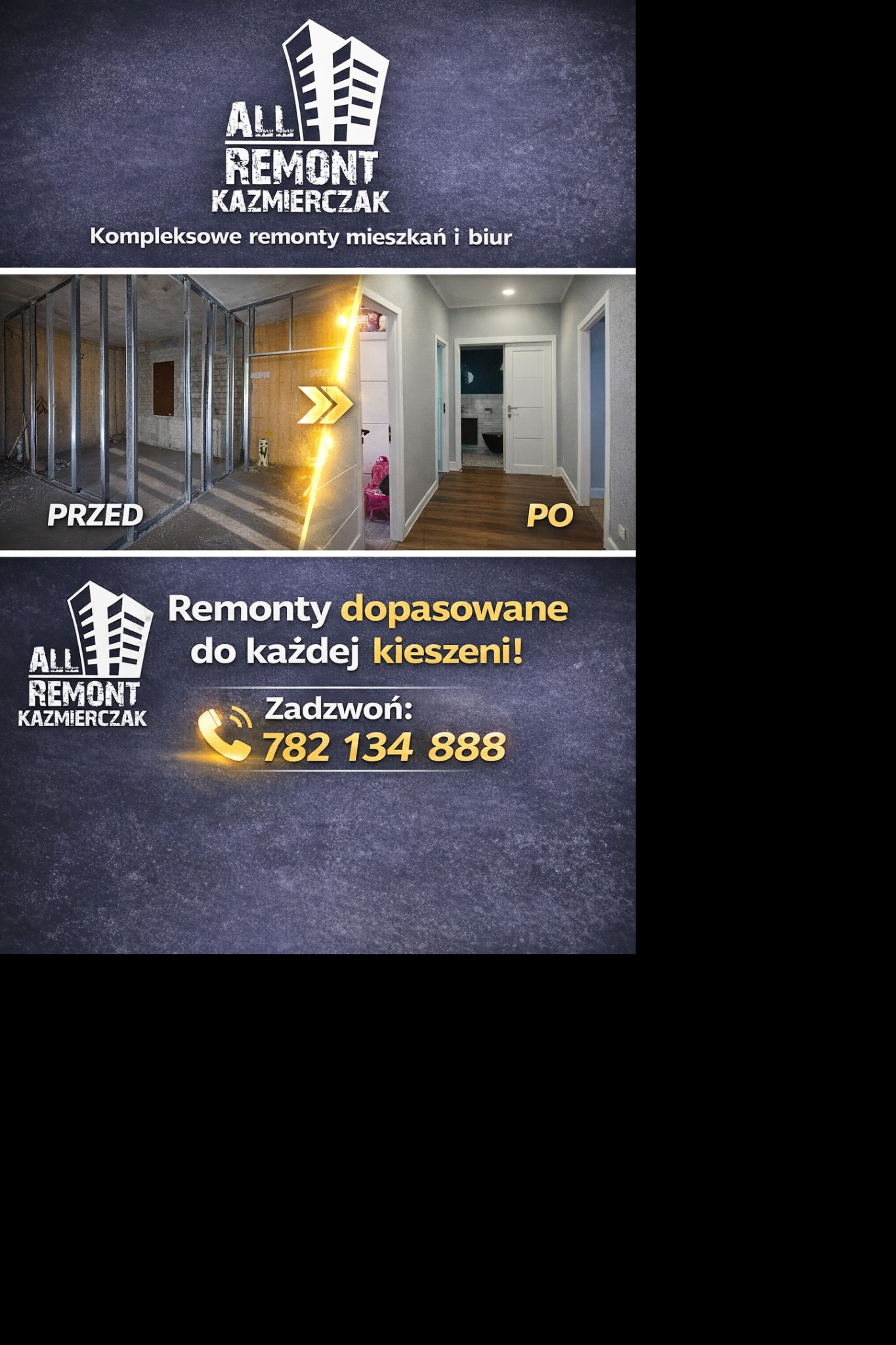 Remont łazienki: stan surowy (metalowa konstrukcja) i wykończona łazienka z białymi drzwiami. Ujęcie typu 'przed i po' z logo firmy remontowej.