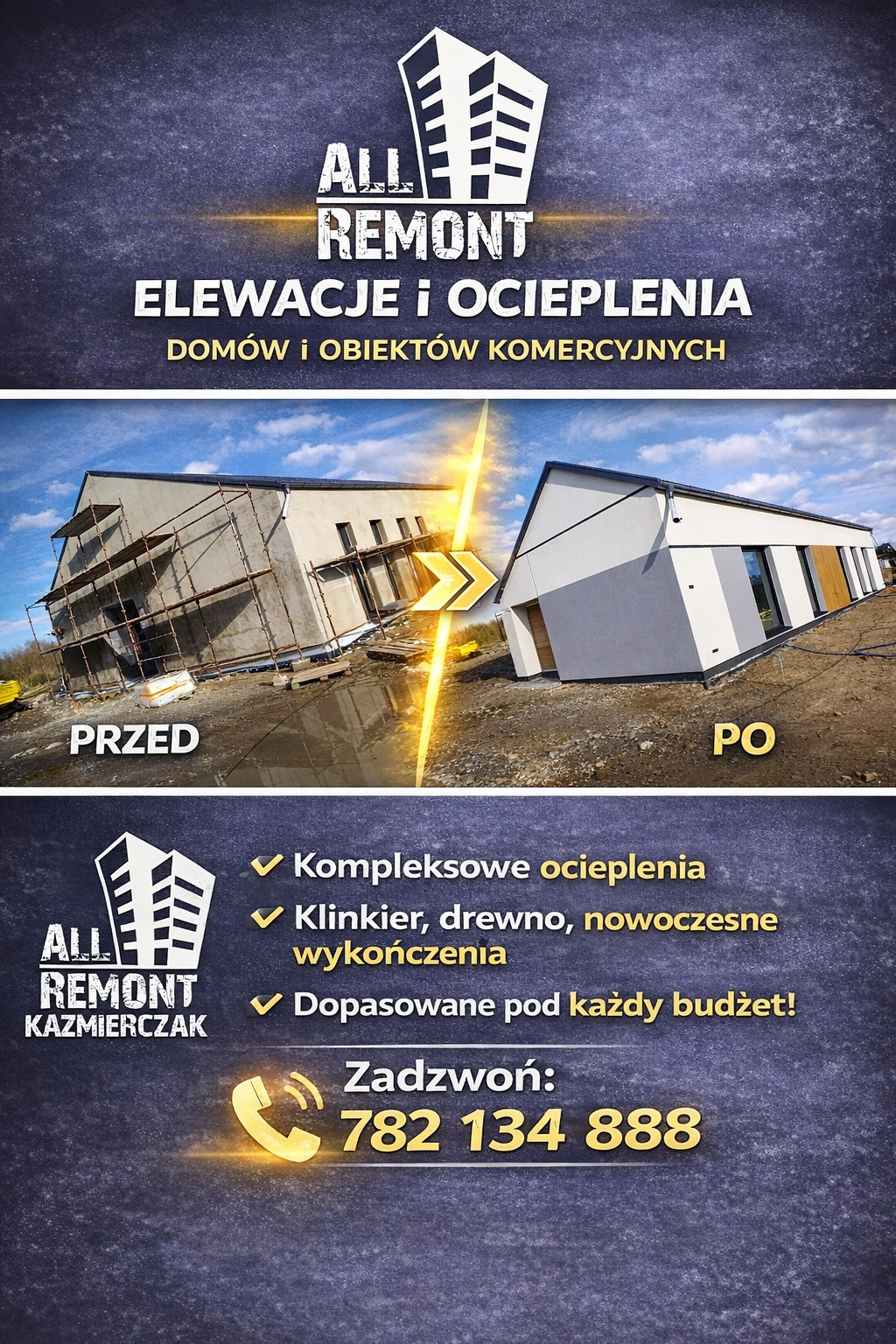 Elewacja domu przed i po ociepleniu. Po lewej budynek ze rusztowaniem, po prawej ocieplony, pomalowany budynek. Grafika reklamowa firmy remontowej.