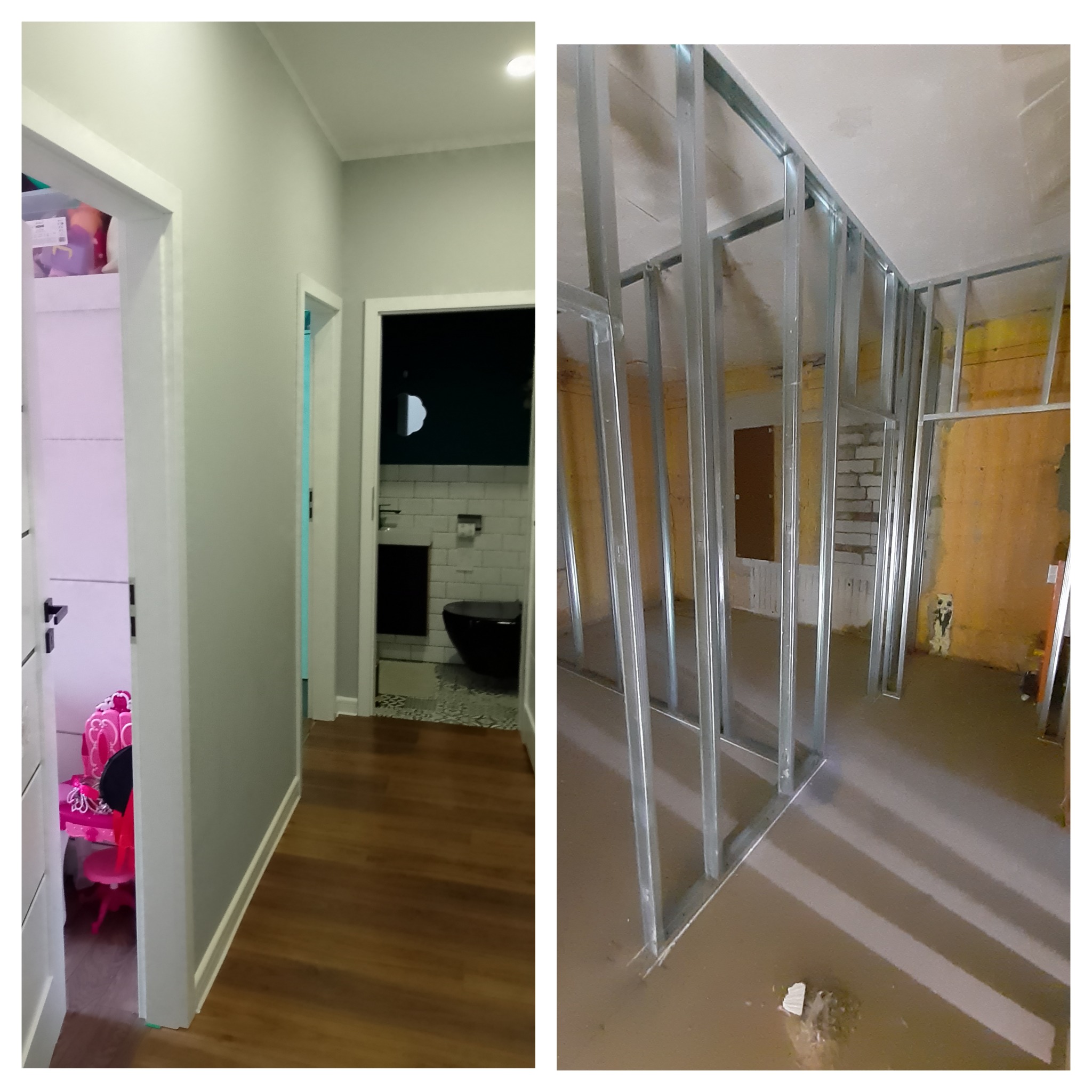 Korytarz po remoncie z wykończoną łazienką w tle, zestawiony z surowym wnętrzem w trakcie budowy ścian działowych z metalowych profili.