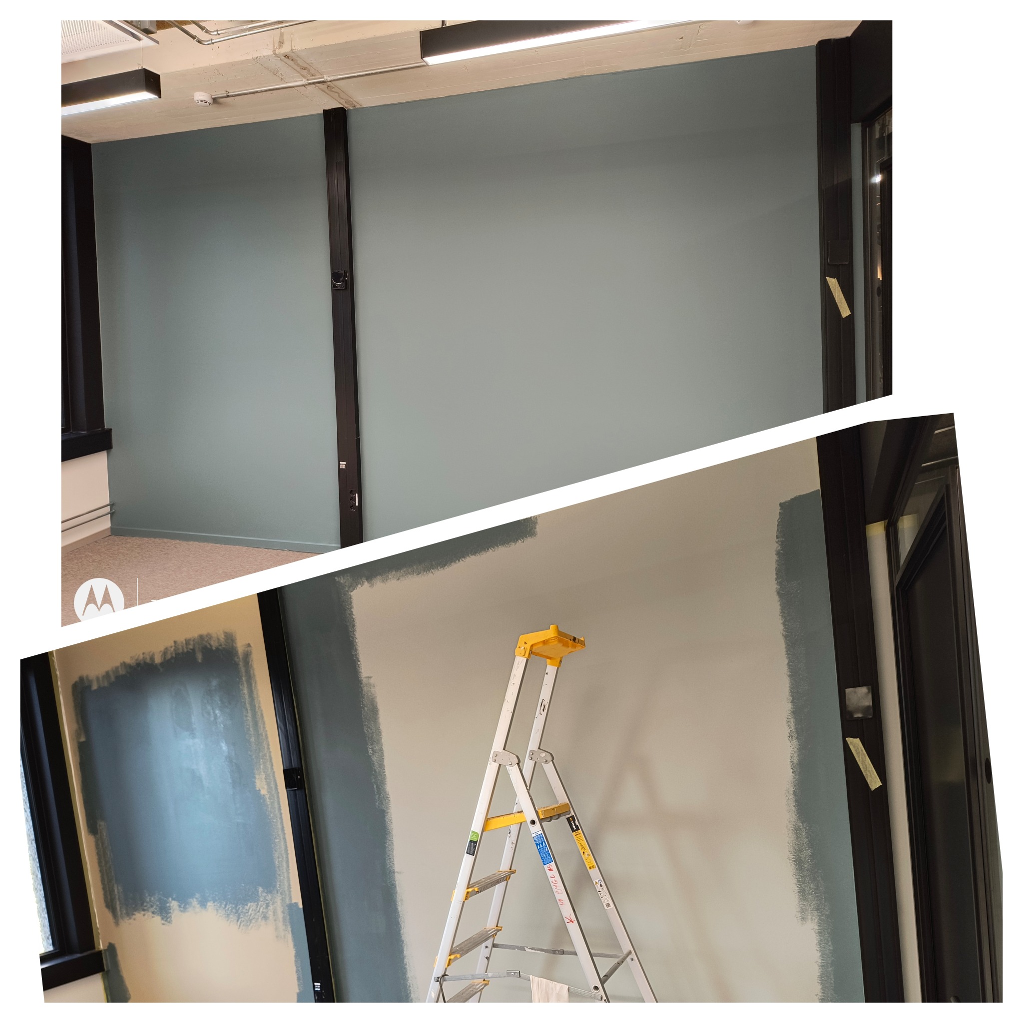 Dwuczęściowe ujęcie: górne pokazuje świeżo pomalowaną ścianę na gładko, dolne - fragment ściany w trakcie malowania, z drabiną i widocznymi pociągnięciami pędzla.