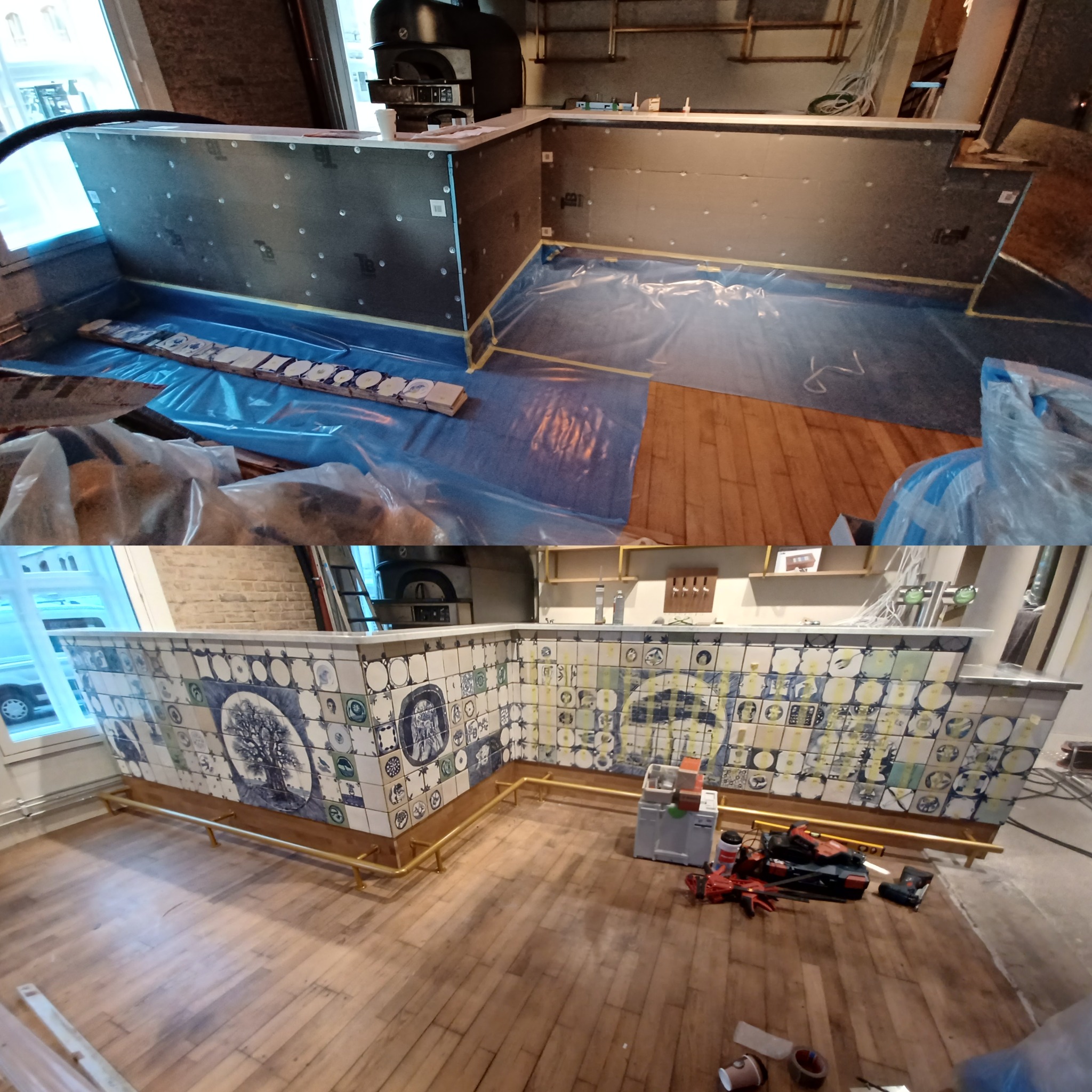 Dwa ujęcia baru: w trakcie budowy z płyt i po wykończeniu z unikalnymi, wzorzystymi kaflami. Widoczne narzędzia i zabezpieczenia podłogi.