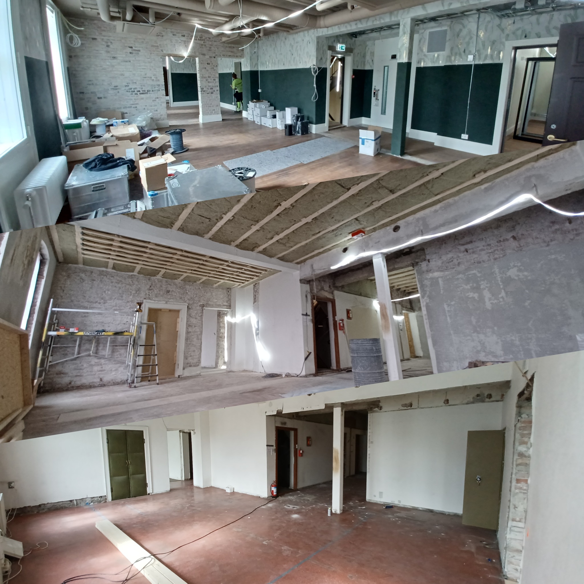 Trzy kadry z remontu biura: surowy stan, prace nad sufitem z izolacją, wykończone ściany i podłoga. Widoczne rusztowania, materiały budowlane i odnowione wnętrze.