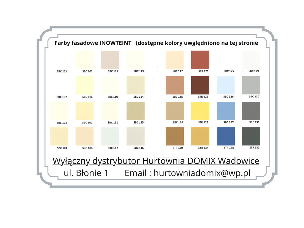 Paleta kolorów farb fasadowych INOWTEINT z kodami SBC i STR, dostępna w Hurtowni DOMIX Wadowice. Prezentacja odcieni beżu, brązu, błękitu i szarości.