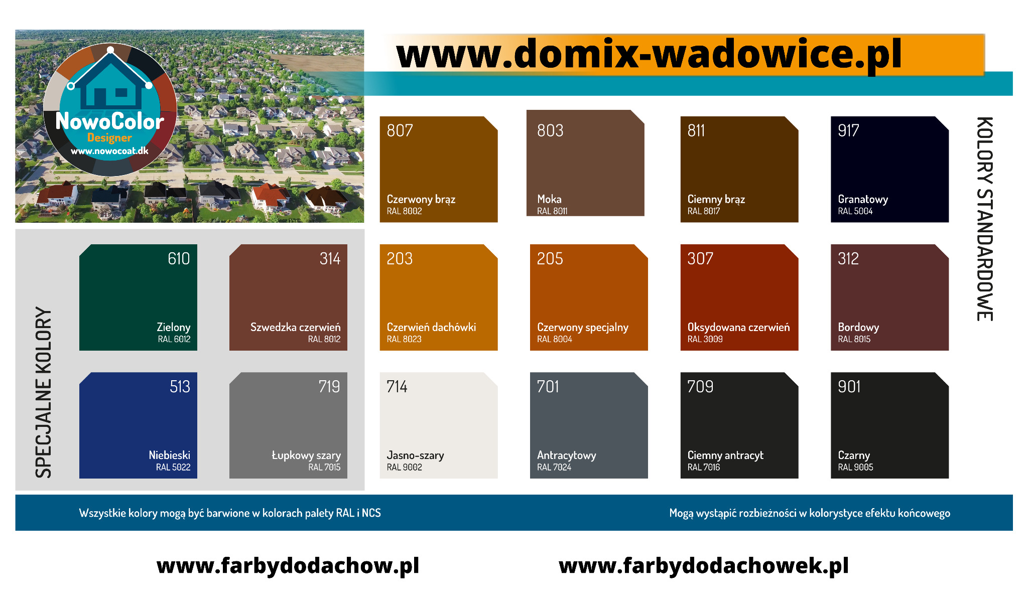 Paleta kolorów farb do dachów i elewacji z oznaczeniami RAL, prezentująca odcienie czerwieni dachówki, brązu, zieleni i szarości. Logo producenta i adresy stron internetowych.