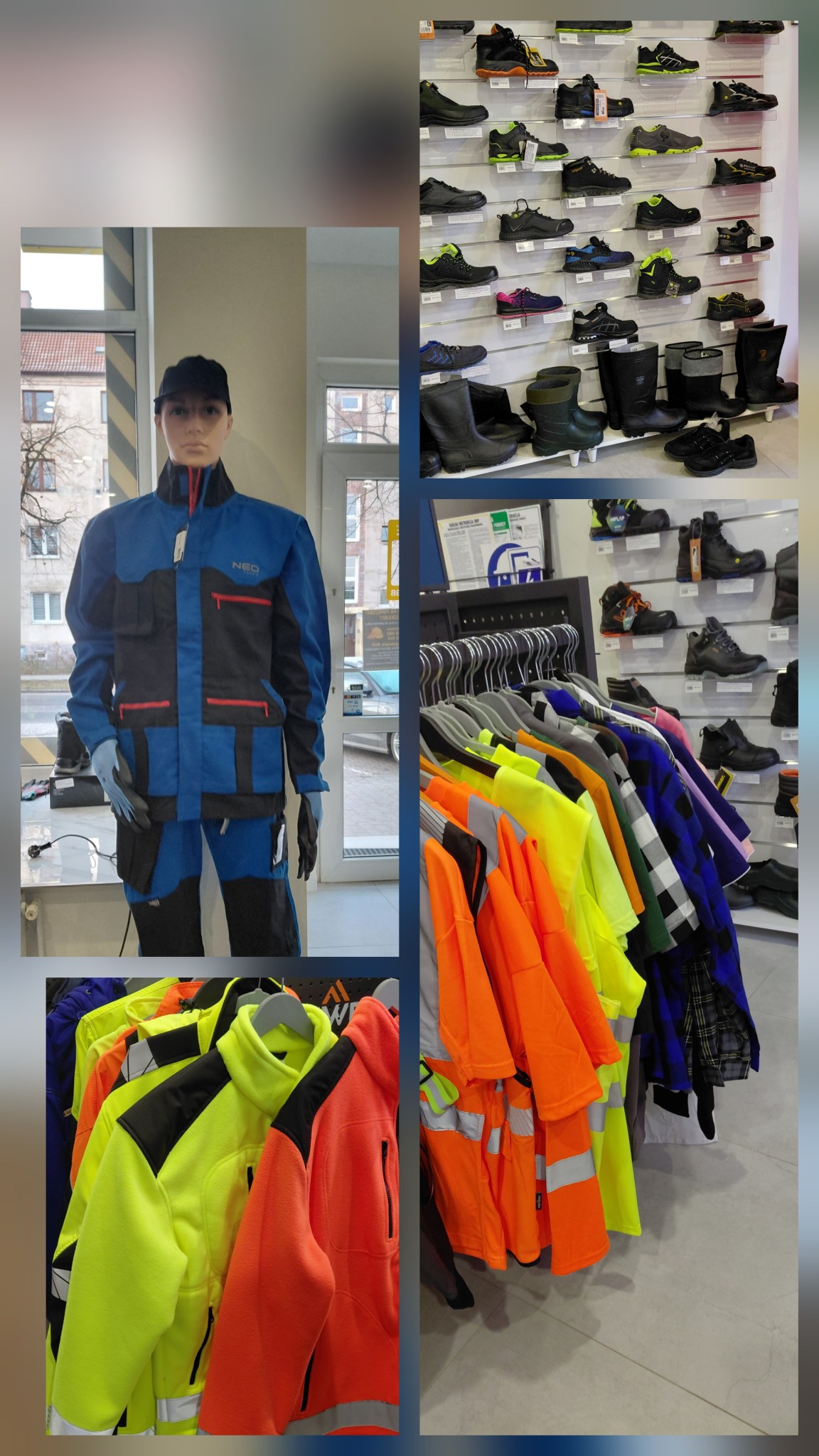Ekspozycja sklepu z odzieżą roboczą: manekin w komplecie NEO, obuwie na ścianie, wieszaki z bluzami ostrzegawczymi w odcieniach neonowej żółci i pomarańczy.