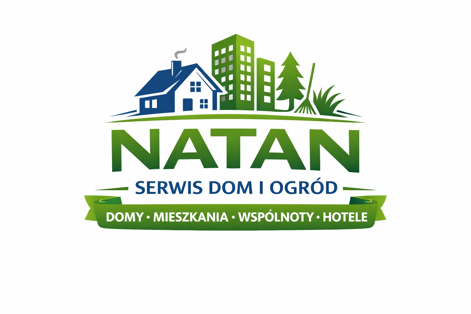 Logo firmy Natan Serwis Dom i Ogród z ikonami domu, budynków, drzewa i grabi. Oferta dla domów, mieszkań, wspólnot i hoteli. Zastosowano zielono-niebieską kolorystykę.