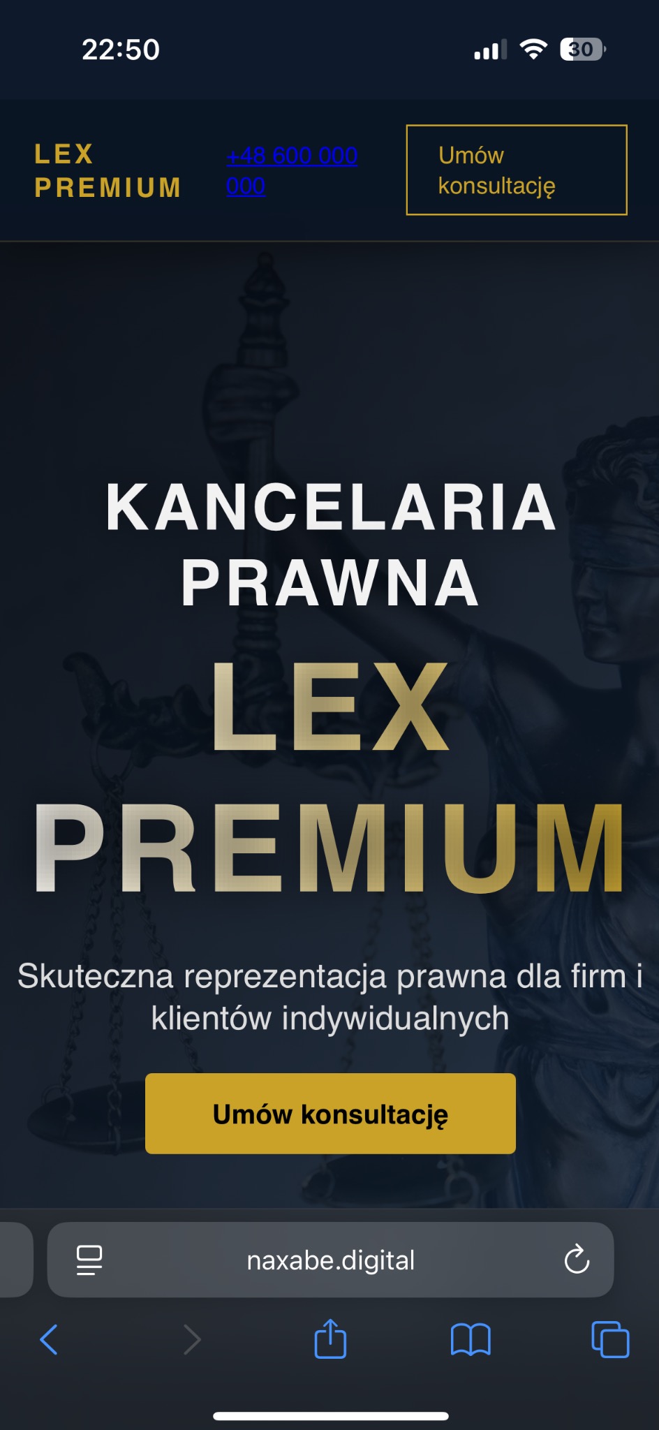 Ekran smartfona prezentujący stronę internetową kancelarii prawnej Lex Premium z hasłem 'Skuteczna reprezentacja prawna'. Widoczny adres strony naxabe.digital.