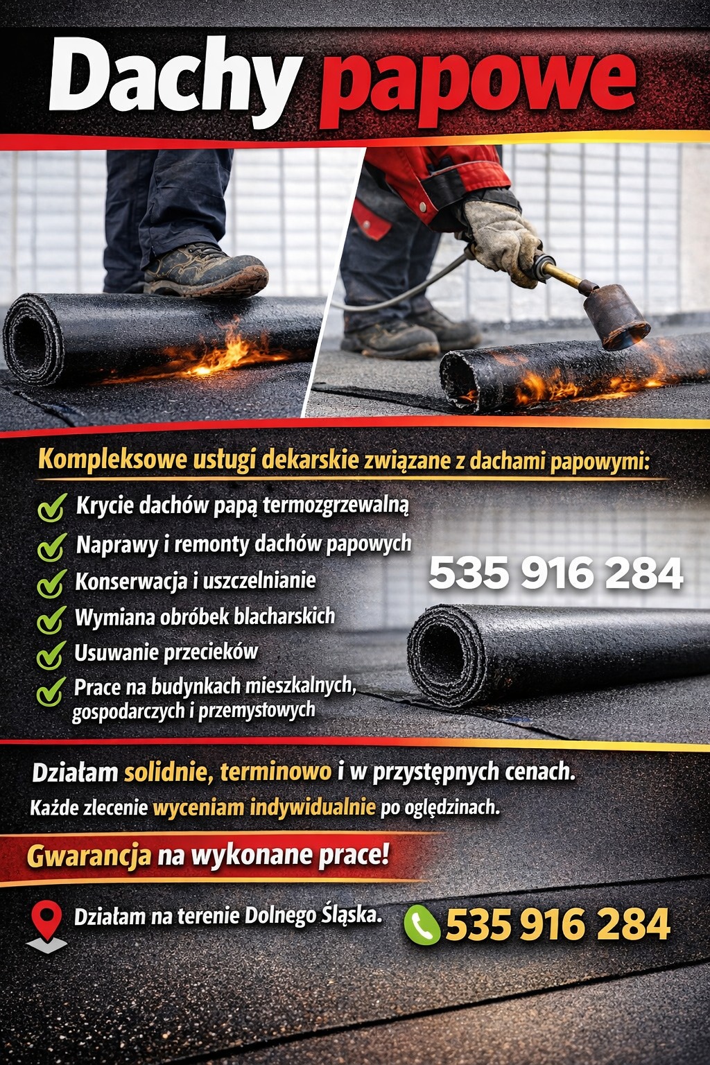 Praca dekarska: dekarz zgrzewa papę termozgrzewalną na dachu. Widoczne narzędzie, płomień i fragmenty dachu. Reklama usług dekarskich.