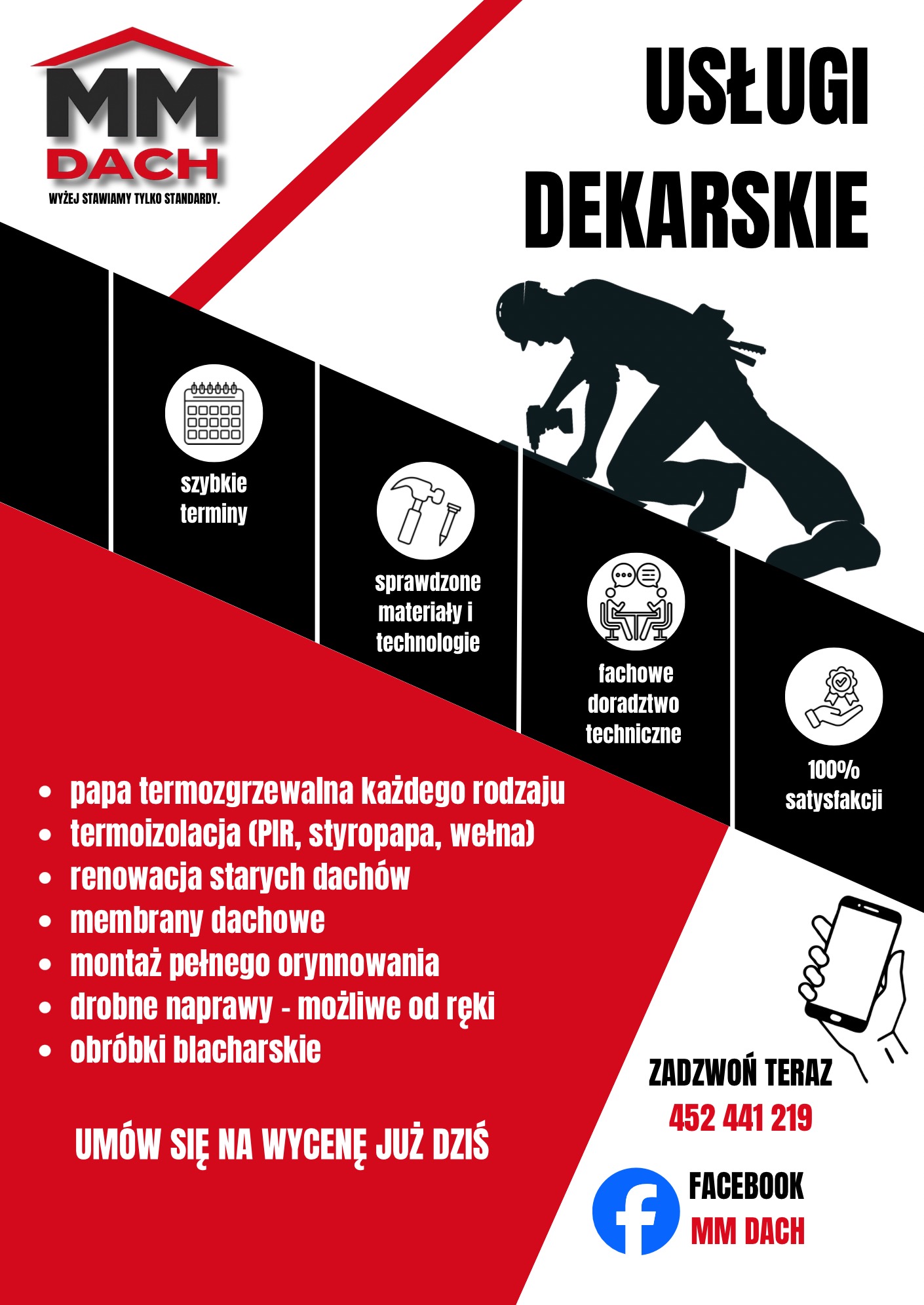 Grafika reklamowa usług dekarskich z sylwetką dekarza, ikonami symbolizującymi szybkie terminy, sprawdzone materiały, doradztwo i satysfakcję. Czerwono-białe tło.