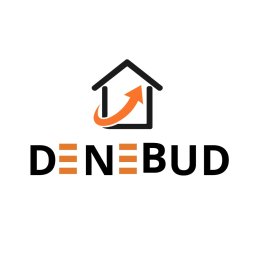 Dene spółka z ograniczoną odpowiedzialnością - Logo firmy budowlanej DENEBUD: czarny obrys domu z pomarańczową strzałką w górę, nazwa firmy z pomarańczowymi akcentami. Minimalistyczny design na białym tle.